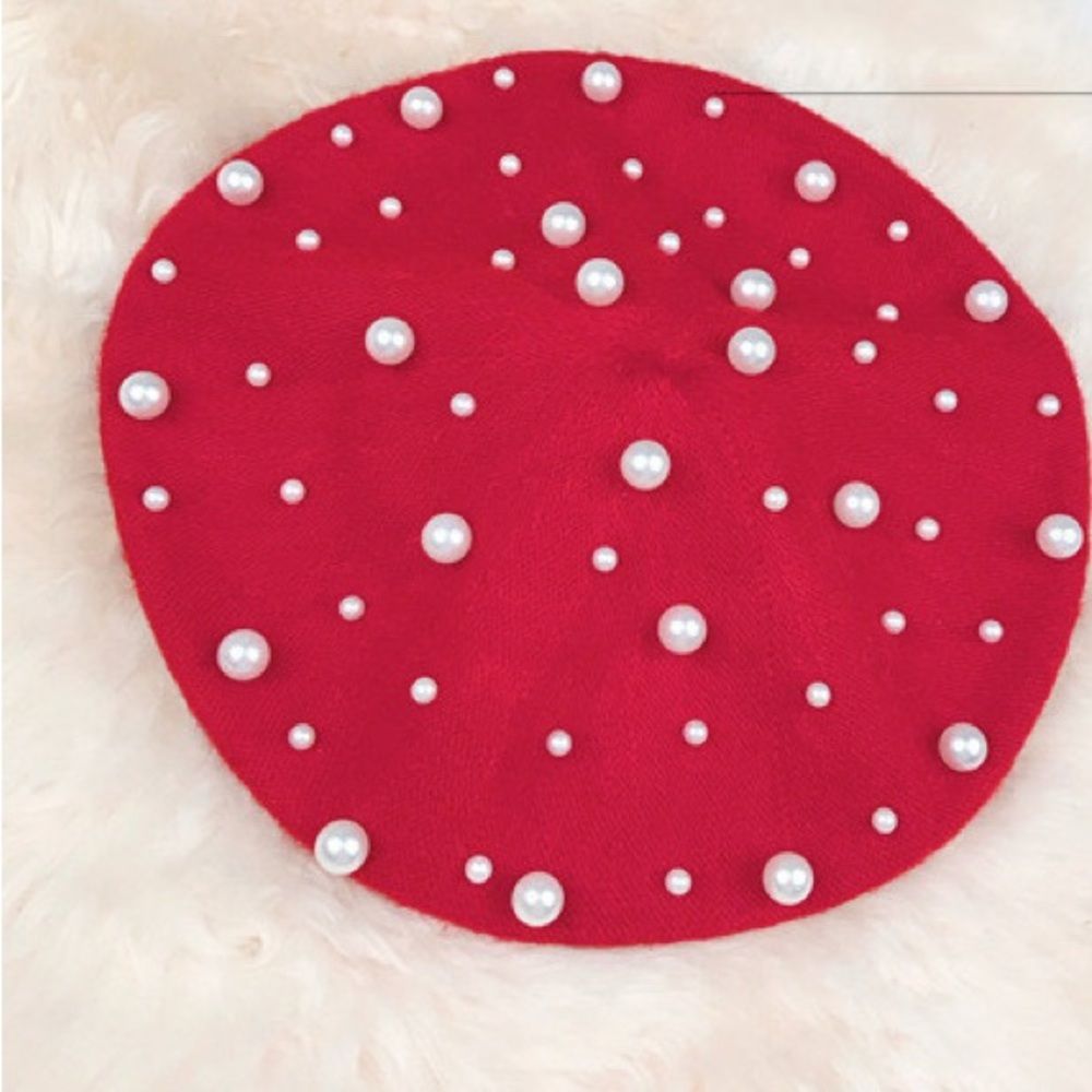 Red Beret with Pearl Accents